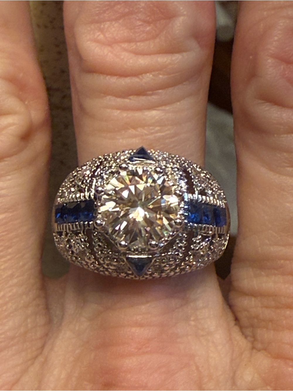 Vintage GRA CERTIFIED MOISSANITE DIAMOND 2CT & Sapphire Ring in baked silver - Picture 11 of 12
